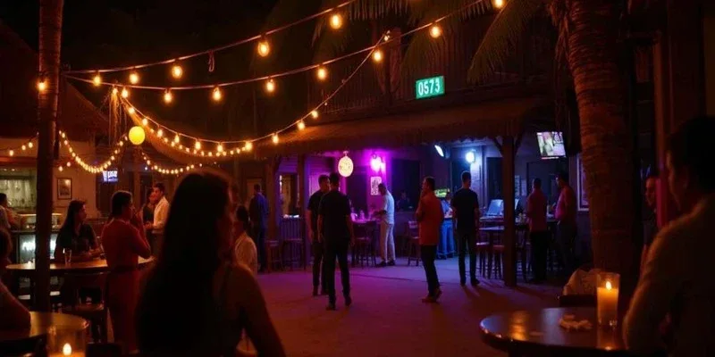 Visitors enjoying an outdoor bar under string lights at night